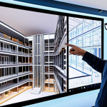 A diverse team of architects, engineers, and construction specialists collaborate around a luminous, holographic 3D BIM model of a complex, modern building. The model displays transparent layers of structural, MEP, and architectural designs, with team members pointing, discussing, and interacting with data on large touchscreens in a sleek, futuristic project room. The scene emphasizes real-time unity, shared understanding, and the efficient resolution of potential conflicts, illustrating BIM as a universal language for design and construction. High-tech, collaborative, and visionary atmosphere.