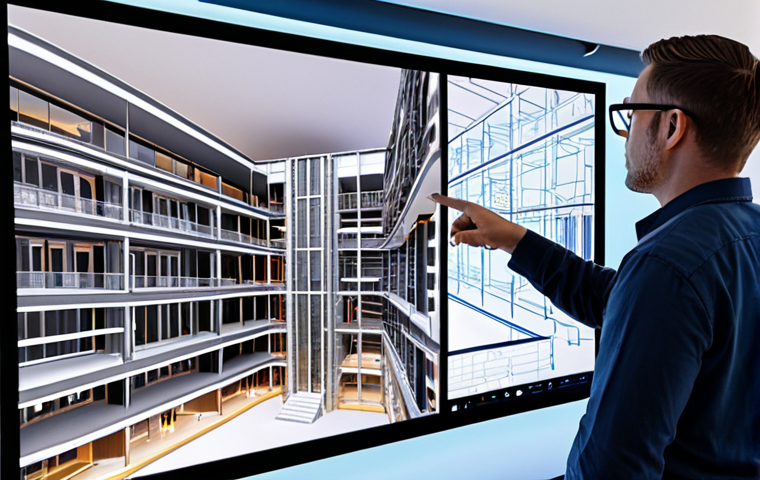A diverse team of architects, engineers, and construction specialists collaborate around a luminous, holographic 3D BIM model of a complex, modern building. The model displays transparent layers of structural, MEP, and architectural designs, with team members pointing, discussing, and interacting with data on large touchscreens in a sleek, futuristic project room. The scene emphasizes real-time unity, shared understanding, and the efficient resolution of potential conflicts, illustrating BIM as a universal language for design and construction. High-tech, collaborative, and visionary atmosphere.