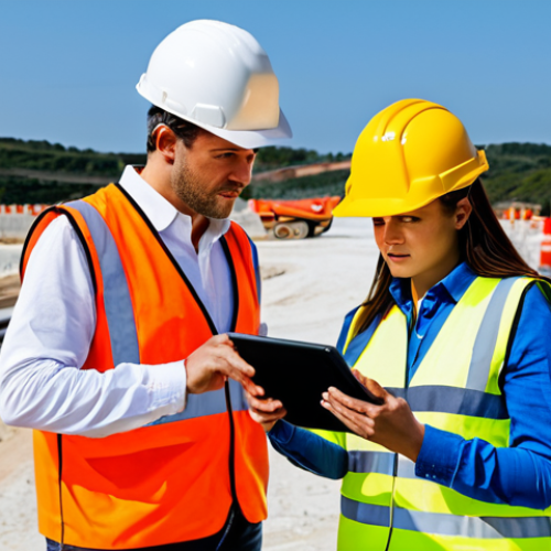 A professional female civil engineer in a hard hat, high-visibility safety vest over professional work clothes, and safety boots, standing on a bustling and well-organized construction site in Portugal. She is calmly discussing construction plans on a tablet with a male construction foreman, both focused on problem-solving. Heavy machinery is visible in the distant background. Fully clothed, appropriate attire, modest clothing, professional dress, safe for work, perfect anatomy, correct proportions, natural pose, well-formed hands, proper finger count, natural body proportions, professional photography, high quality, appropriate content.