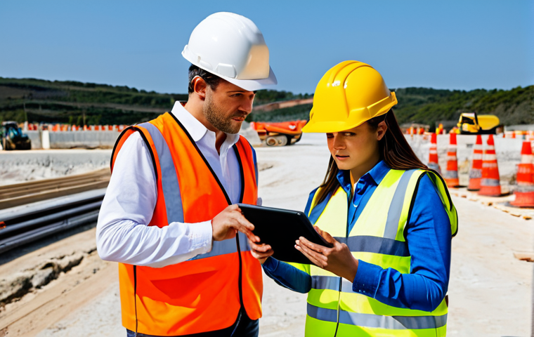 A professional female civil engineer in a hard hat, high-visibility safety vest over professional work clothes, and safety boots, standing on a bustling and well-organized construction site in Portugal. She is calmly discussing construction plans on a tablet with a male construction foreman, both focused on problem-solving. Heavy machinery is visible in the distant background. Fully clothed, appropriate attire, modest clothing, professional dress, safe for work, perfect anatomy, correct proportions, natural pose, well-formed hands, proper finger count, natural body proportions, professional photography, high quality, appropriate content.