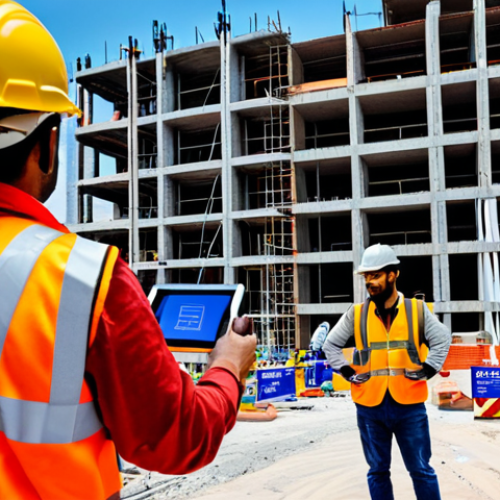 **

A construction site in São Paulo, Brazil, showing BIM and augmented reality being used by engineers. Focus on the technology interface overlaid onto the real-world construction. Workers in hard hats and safety vests are visible. Emphasis on modern technology improving safety and efficiency. Safe for work, appropriate content, fully clothed, professional, family-friendly, perfect anatomy, correct proportions, natural pose, high quality.

**