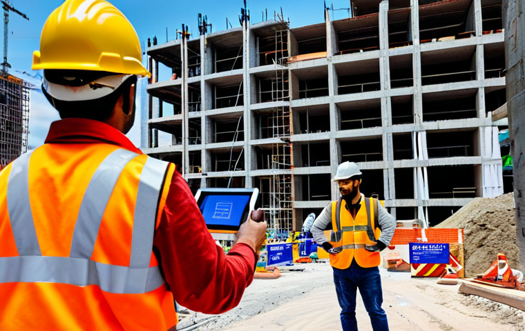 **

A construction site in São Paulo, Brazil, showing BIM and augmented reality being used by engineers. Focus on the technology interface overlaid onto the real-world construction. Workers in hard hats and safety vests are visible. Emphasis on modern technology improving safety and efficiency. Safe for work, appropriate content, fully clothed, professional, family-friendly, perfect anatomy, correct proportions, natural pose, high quality.

**