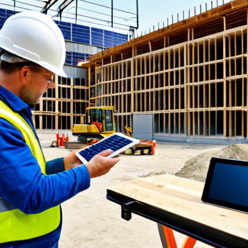 Modern Construction Site**

"A busy construction site with workers in hard hats and safety vests, operating modern machinery and using BIM software on tablets. A partially constructed building in the background showcases sustainable materials like wood and solar panels. Natural daylight, wide-angle shot, professional photography, safe for work, appropriate content, fully clothed, professional, modest, family-friendly, perfect anatomy, correct proportions, natural pose, well-formed hands, proper finger count, natural body proportions."

**