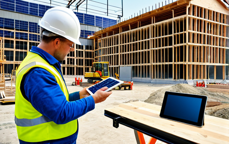 Modern Construction Site**

"A busy construction site with workers in hard hats and safety vests, operating modern machinery and using BIM software on tablets. A partially constructed building in the background showcases sustainable materials like wood and solar panels. Natural daylight, wide-angle shot, professional photography, safe for work, appropriate content, fully clothed, professional, modest, family-friendly, perfect anatomy, correct proportions, natural pose, well-formed hands, proper finger count, natural body proportions."

**