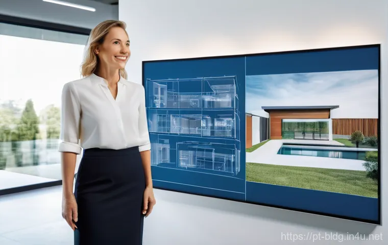 건축산업기사와 소규모 프로젝트 관리 - **Prompt:** A dynamic, wide-angle shot of a female architect, mid-30s, dressed in stylish profession...