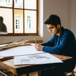 Home 22 건축산업분야 자격증과 관련 학위의 상관관계 - **"A Portuguese architecture student, in their early twenties, is deeply engrossed in studying compl...