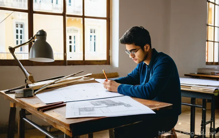 건축산업분야 자격증과 관련 학위의 상관관계 - **"A Portuguese architecture student, in their early twenties, is deeply engrossed in studying compl...