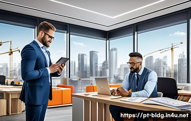 건축산업기사와 해외 건축 프로젝트 경험 - A detailed digital illustration of an international construction project team in a modern office, fe...