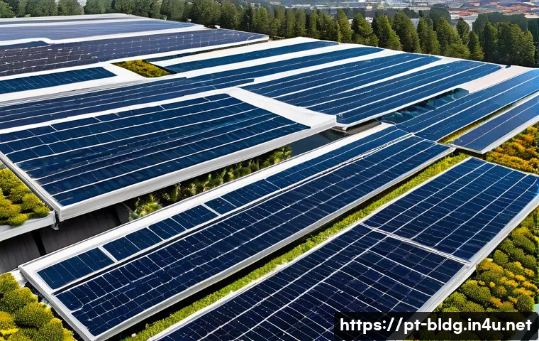 건축산업기사와 에너지 절약형 건축 설계 - A modern industrial facility rooftop densely covered with sleek photovoltaic solar panels under a br...
