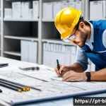 Home 19 건축산업기사 실기시험에서 자주 나오는 실수 - A focused construction technician carefully studying detailed architectural blueprints and technical...