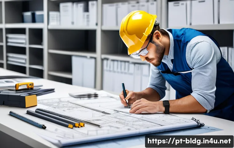 건축산업기사 실기시험에서 자주 나오는 실수 - A focused construction technician carefully studying detailed architectural blueprints and technical...