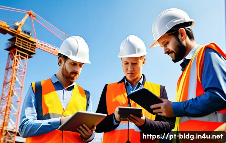 건축산업기사와 공정한 시공 프로세스 - A detailed construction site scene showing a diverse team of civil engineers, architects, and techni...