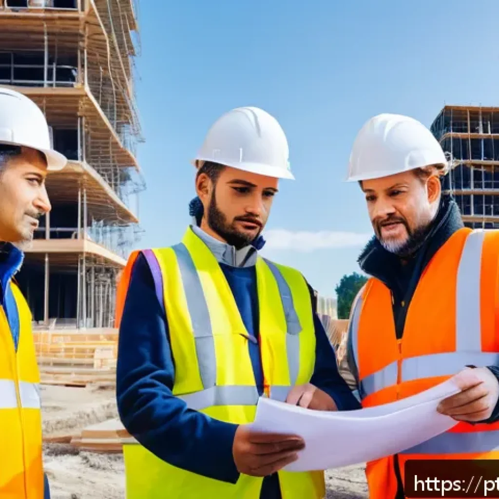 건축산업분야에서 요구되는 소프트 스킬 - A diverse construction team actively engaged in a site meeting outdoors, wearing safety helmets, ref...