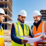 Home 23 건축산업분야에서 요구되는 소프트 스킬 - A diverse construction team actively engaged in a site meeting outdoors, wearing safety helmets, ref...