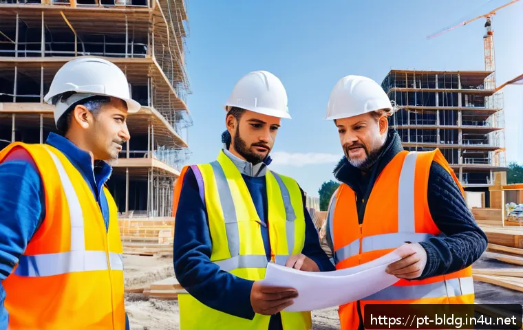 건축산업분야에서 요구되는 소프트 스킬 - A diverse construction team actively engaged in a site meeting outdoors, wearing safety helmets, ref...